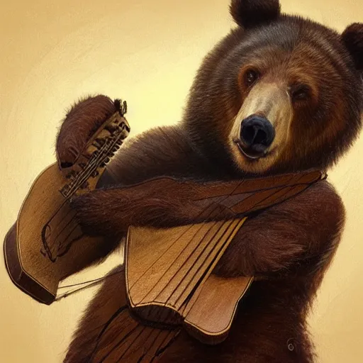 Prompt: realistic bear holding a wooden triangle combined with guitar sound hole and guitar neck, highly detailed, digital painting, artstation, concept art, smooth, sharp focus, illustration, cinematic lighting, art by artgerm and greg rutkowski and alphonse mucha