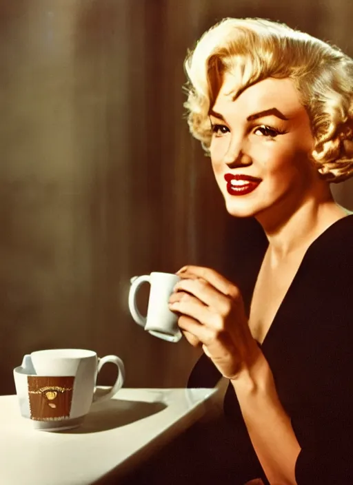 Image similar to A close-up, color cinema film still of a marlin monroe drinking coffee at a starbucks, ambient lighting at night.