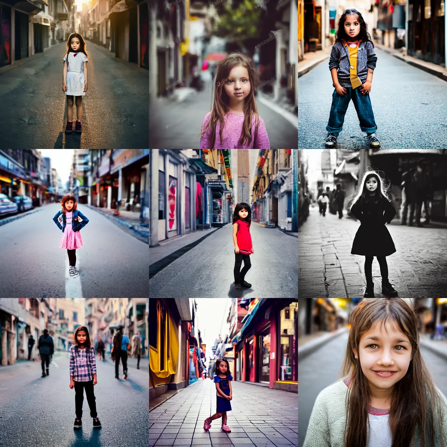 Prompt: extreme long shot photoreal portrait of curious girl standing in city street looking at camera.