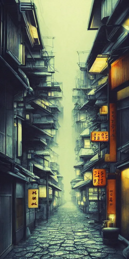 Image similar to nuclear winter, street of kyoto, near future, fantasy, sci - fi, hyper realistic, serene, morning.