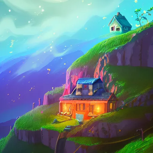 Image similar to beautiful 3 d painting of a colourful house on a hilltop at midnight with small fireflies flying around, breath of the wild, hyrule, inspired by cyril rolando, david wiesner, artstation, unreal engine