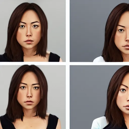 Image similar to portrait karen fukuhara aubrey plaza bald neutral expression face straight on headshot even lighting texture character creator 4