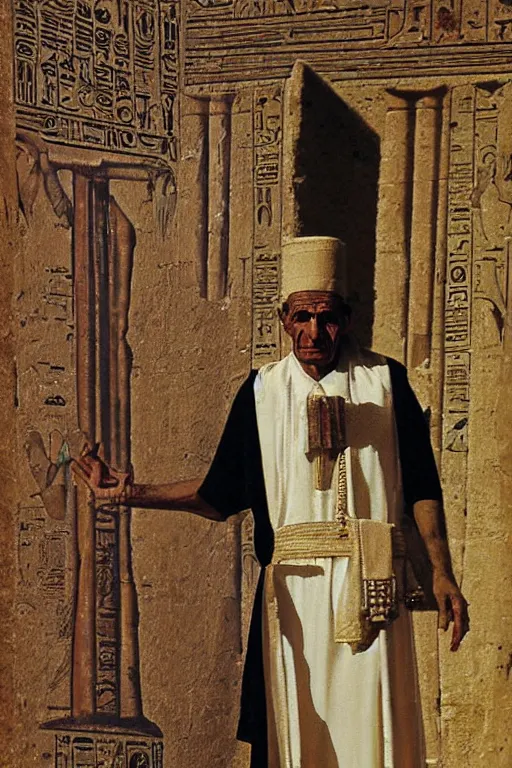 Image similar to a closer personal portrait of a a very old egyptian temple priest with very piercing eyes, very charismatic. in the old ancient temple of luxor. masterpiece, dark. painted by norman rockwell and james gurney