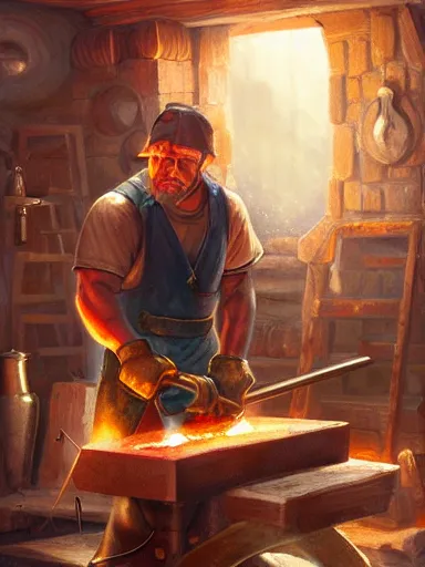 Image similar to a blacksmith striking a hammer in its anvil. working at his forge. intricate, elegant, highly detailed, digital painting, artstation, cinematic shot, concept art, sharp focus, illustration, by justin gerard and artgerm 8 k