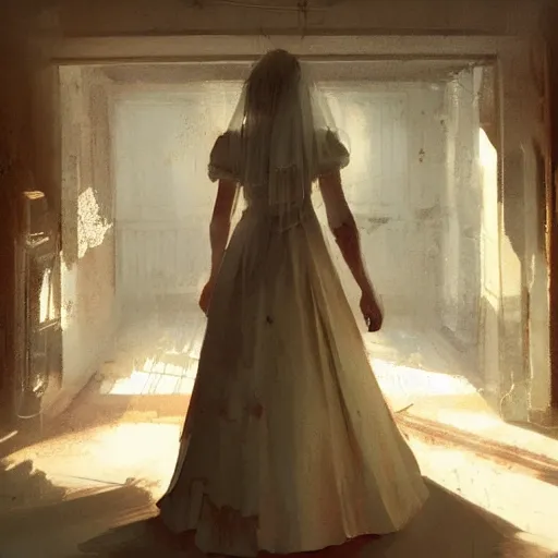 Prompt: A woman in a wedding dress in a dilapidated room, long shadow, dark room, vintage shading, warm colors, by Greg Rutkowski, artstation