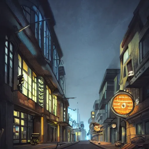 Prompt: dieselpunk city street in the evening