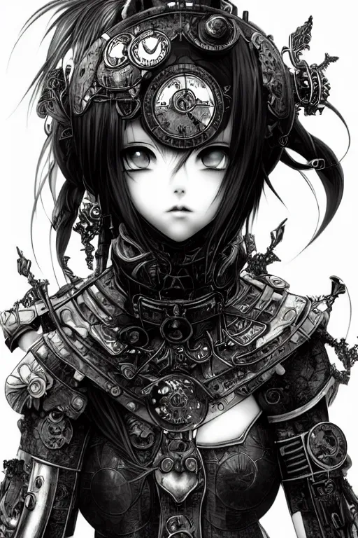 Image similar to a vertical portrait of a character in a scenic environment by Yoshitaka Amano, black and white, dreamy, steampunk armor, black hair, highly detailed