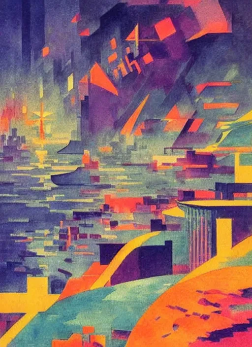 Prompt: vintage anime cinematic lush underwater glowing city skyline on the edge of a steep cliff by Sonia Delaunay and Ivan Aivazovsky, muted tones, watercolor concept art by Syd Mead, by william herbert dunton, watercolor strokes, japanese woodblock, by Jean Giraud