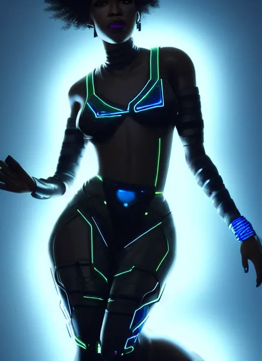 Image similar to photorealistic portrait of black american female humanoid, cyber neon lights, highly detailed, cyberpunk high fashion, elegant, crispy quality, trending in artstation, trending in pinterest, glamor pose, no signature, no watermark, cinematic, octane render, cute face, art by artgerm and greg rutkowski and pascal blanche