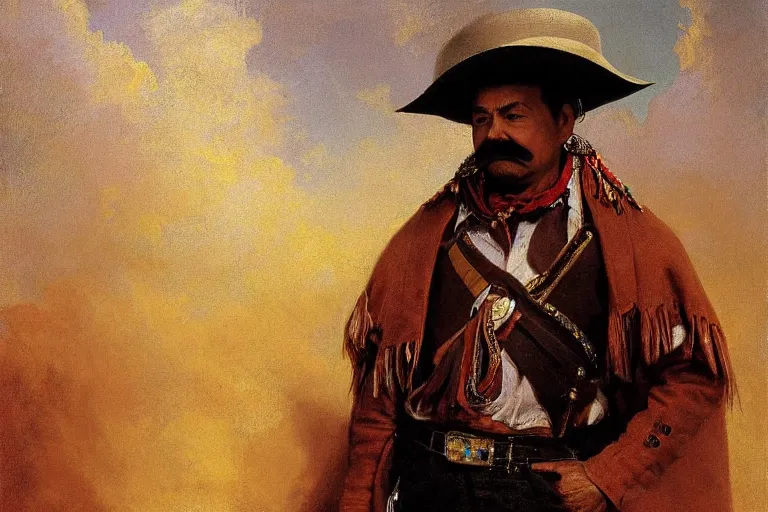 Image similar to a detailed portrait of bruno from encanto dressed as pancho villa, old west bandits, poncho, 1 8 th century south america, art by albert bierstadt and thomas moran