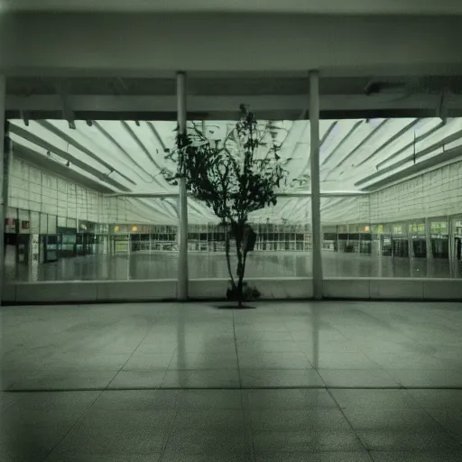 Image similar to Beautiful cameraphone 2000s, soft liminal Photograph of foggy abandoned mall with water on the floor plants growing