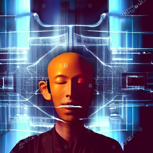 Prompt: a Buddhist man wearing a brain control interface, cyberpunk, award winning photorealistic photo