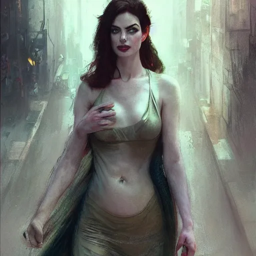 Image similar to ann hathaway, hyperrealistic full figure, bladerunner street alley, art of elysium by frank frazetta and by jeremy mann and by alphonse mucha, fantasy art, photo realistic, dynamic lighting, artstation, full figure poster, volumetric lighting, very detailed face, 4 k, award winning