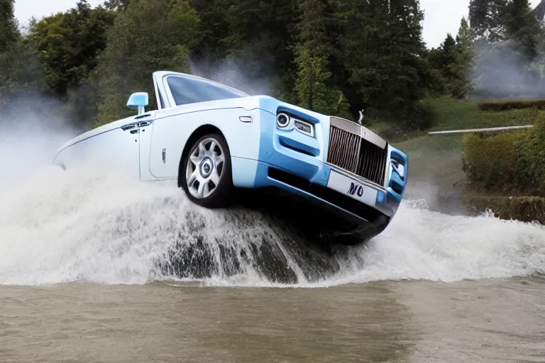 Image similar to Group of teenagers push Rolls-Royce into lake from small slide