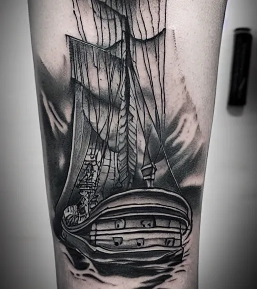 Image similar to A tattoo design on paper of a pirate ship, on paper, black and white, highly detailed tattoo, realistic tattoo, realism tattoo, beautiful shades