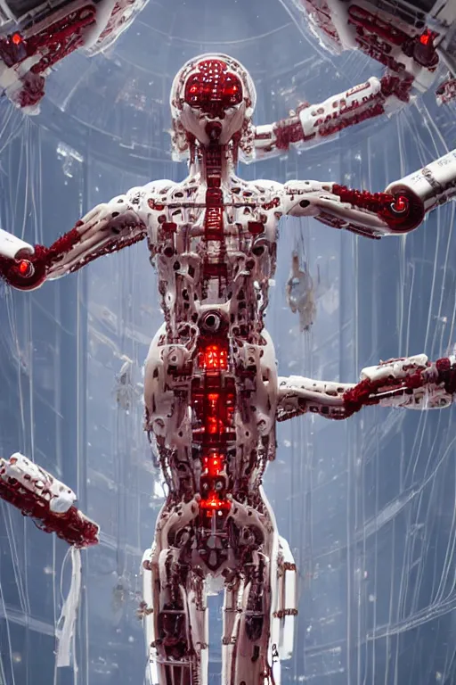 Image similar to space station interior white cross cross a statue jesus on cross made of red marble hands nailed to a cross perfect symmetrical body full body shot, inflateble shapes, wires, tubes, veins, jellyfish, white biomechanical details, wearing epic bionic cyborg implants masterpiece, intricate, biopunk, vogue, highly detailed, artstation, concept art, cyberpunk, octane render