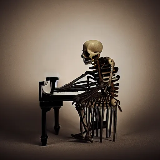 Prompt: skeleton wizard playing piano, surreal, mythical, midshot, camera photography award winning studio lighting