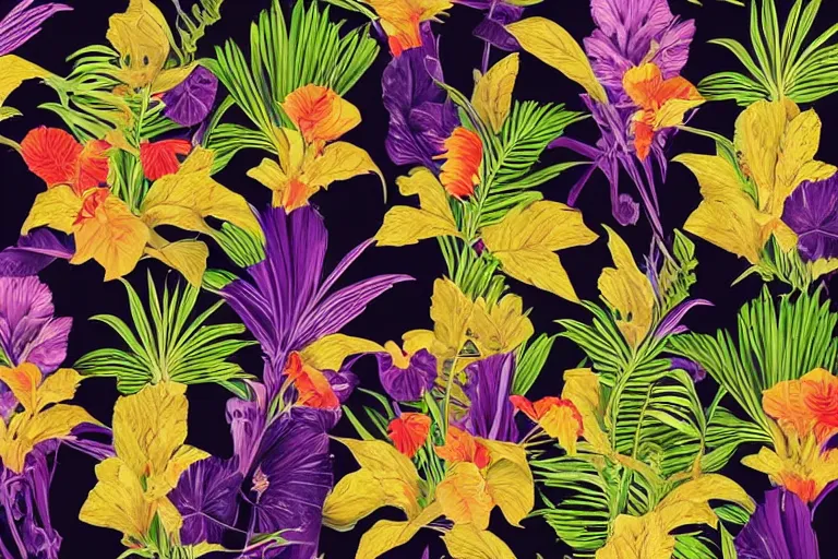 Image similar to photorealistic print of exotic, elegant tropical prints, isolated in a black background : : purple plants, golden flowers, red parrot, art nouveau, desaturate, trending on artstation