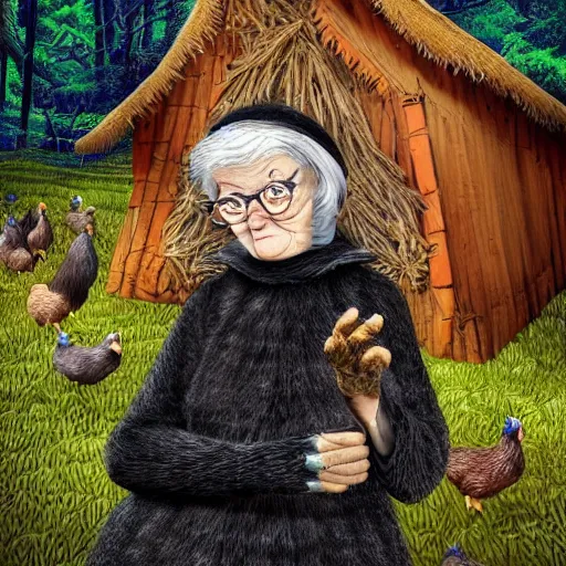 Image similar to a fabulous old woman with a sly face, a long nose and a wart on it. there is a black cat nearby. the background of huge chicken paws on top is a hut. fabulous enchanting dense forest around. very clear image. hyperrealistic.