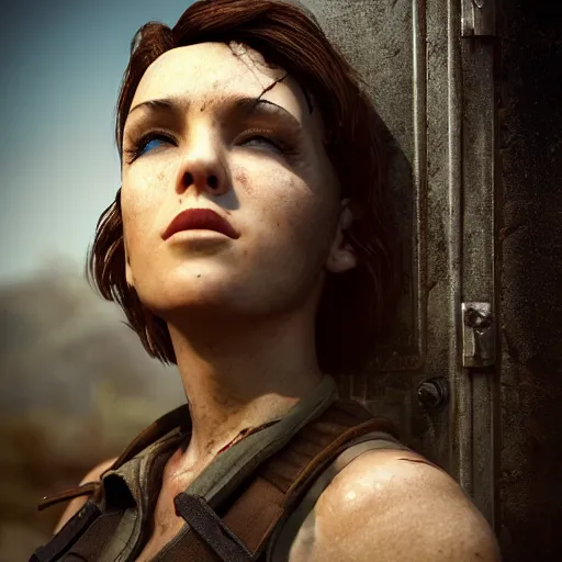 Image similar to fallout 5, charismatic beautiful rugged brunette female protagonist, portrait, outdoors in front of the entrance to vault 1 5 6, atmospheric lighting, painted, intricate, volumetric lighting, beautiful, daytime, sunny weather, slight overcast, sharp focus, deep colours, ultra detailed, by leesha hannigan, ross tran, thierry doizon, kai carpenter, ignacio fernandez rios