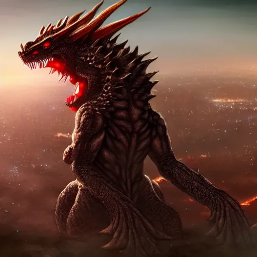 Image similar to artgerm, giant Kaiju dragon monster, god, tiny person staring up, expansive, unearthly, 8k, wide-shots, ginormous, horror, looming over Earth