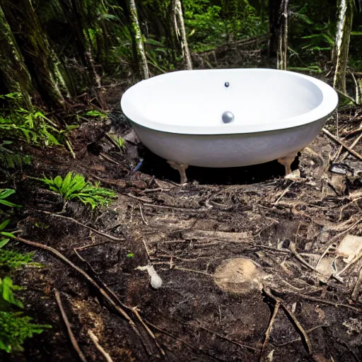 Prompt: pristine porcelain bath filled with bubbles in a clearcut rainforest, slash and burn, cleared forest, deforestation, tree stumps, smouldering charred timber