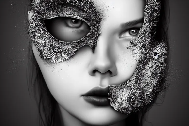 Image similar to portrait of a young beautiful woman with a mask. contemporary photograph, speed painting, fractal, mandelbulb. trending on artstation. black and white.