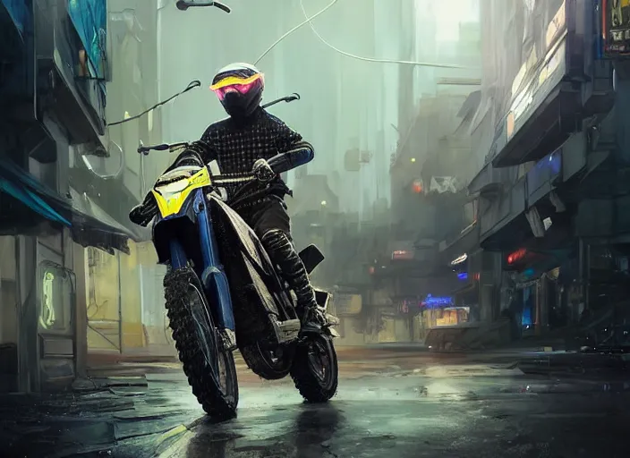 Image similar to beautiful blonde teenage boy wearing cyberpunk intricate streetwear riding dirt bike, beautiful, detailed portrait, cell shaded, 4 k, concept art, by wlop, ilya kuvshinov, artgerm, krenz cushart, greg rutkowski, pixiv. cinematic dramatic atmosphere, sharp focus, volumetric lighting, cinematic lighting, studio quality