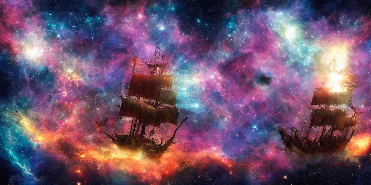 Image similar to pirate ship sailing on a nebula in space