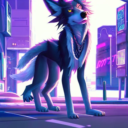 Image similar to beautiful furry digital art portrait commission of an androgynous furry anthro wolf fursona wearing punk clothes in the streets of a cyberpunk city. neon signs. character design by charlie bowater, ross tran, artgerm, and makoto shinkai, detailed, inked