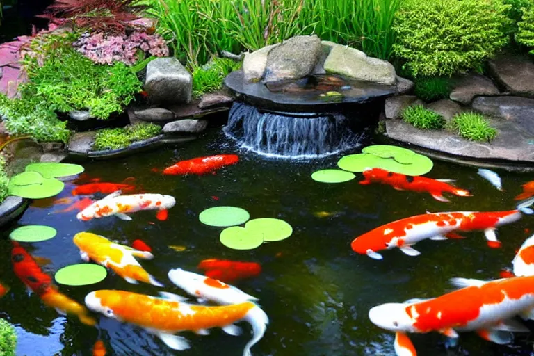 Image similar to a koi pond for the koi gods in mystical armour, magical aura, flying particles, mystical