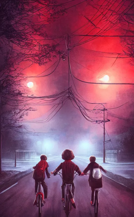 Image similar to stranger things inspired wallpaper, red ambience, at night, creepy over the street in the background, dynamic lighting, photorealistic fantasy concept art, trending on art station, stunning visuals, creative, cinematic, ultra detailed