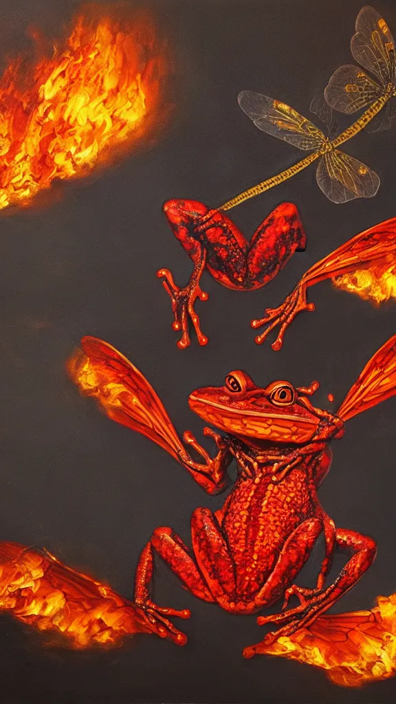 Image similar to giant red frog with giant dragonfly wings flying over a city in flames, photorealism, oil paint, renaissance, 8 k, high detail whide shot