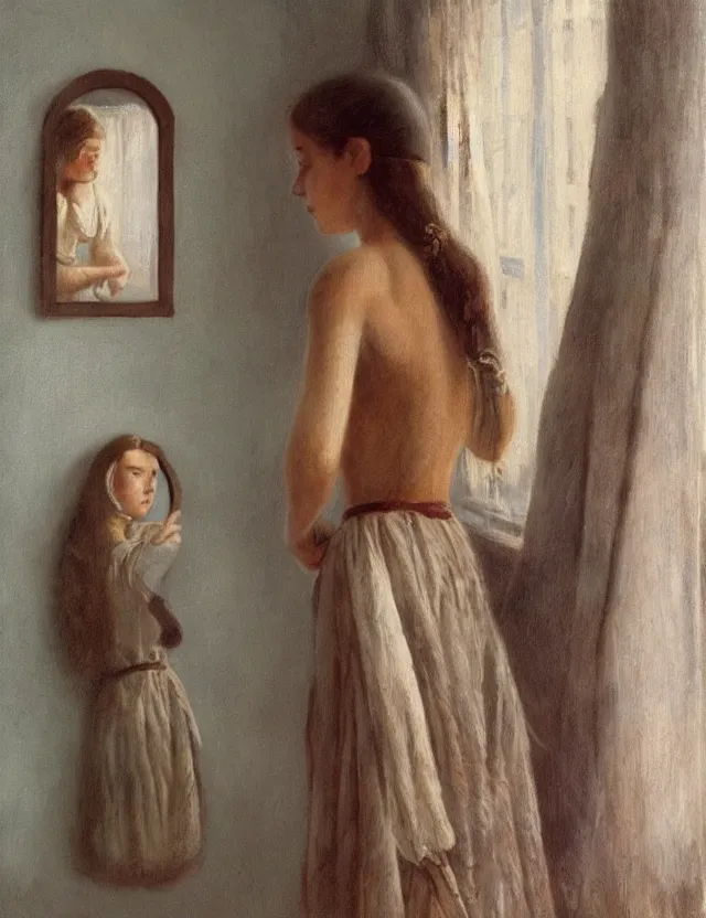 Image similar to peasant girl brushing her hair in front of a mirror, portray, Cinematic focus, Polaroid photo, vintage, neutral colors, soft lights, foggy, by Steve Hanks, by Serov Valentin, by lisa yuskavage, by Andrei Tarkovsky 8k render, detailed, oil on canvas