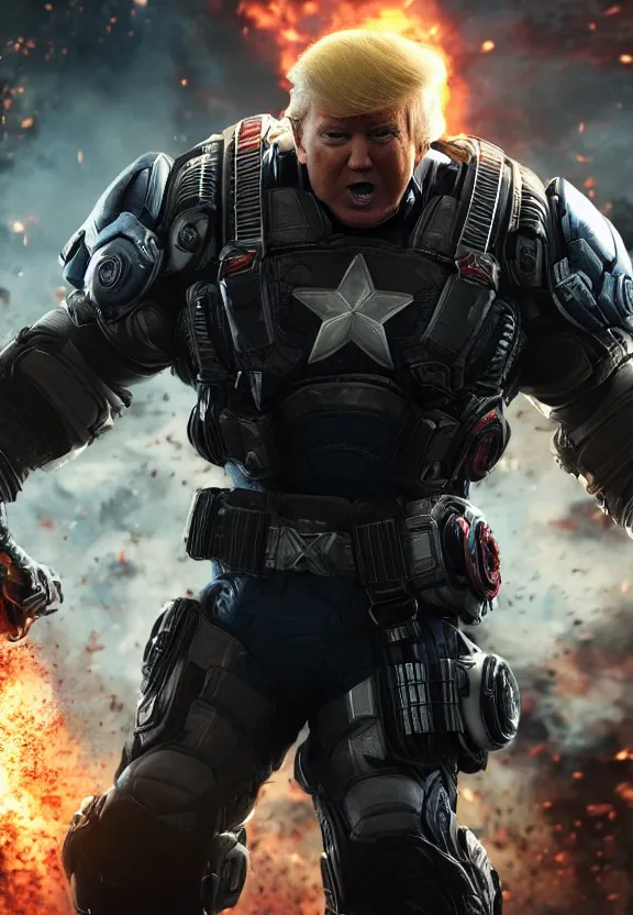 Image similar to Portrait of Donald Trump as captain america in Gears of War, splash art, movie still, cinematic lighting, dramatic, octane render, long lens, shallow depth of field, bokeh, anamorphic lens flare, 8k, hyper detailed, 35mm film grain