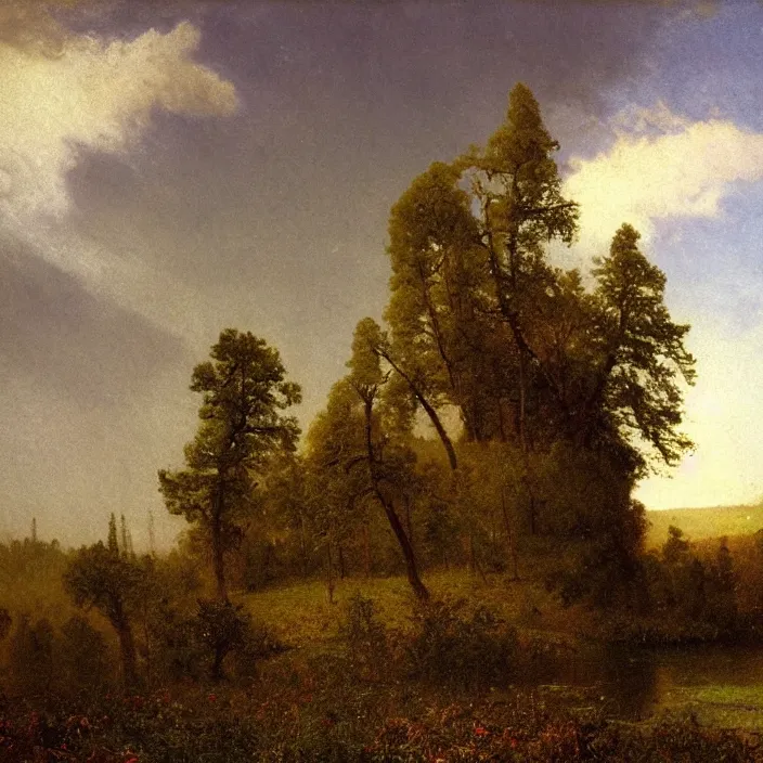 Image similar to a building in a landscape, by albert bierstadt