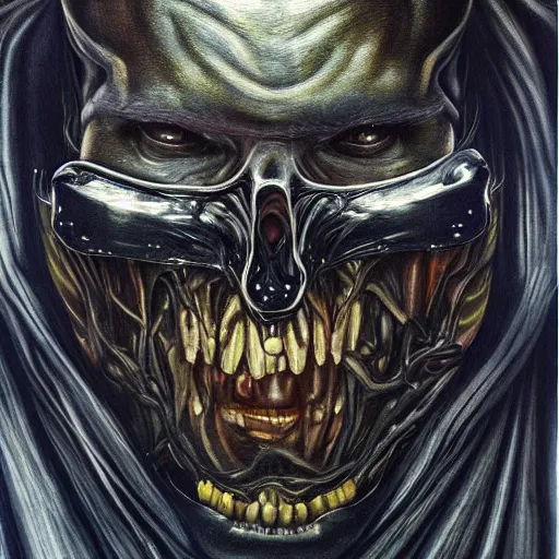 Image similar to the devil, hyperrealistic oil panting, disturing, highly detailed, shaded lightning, inspired by hr giger
