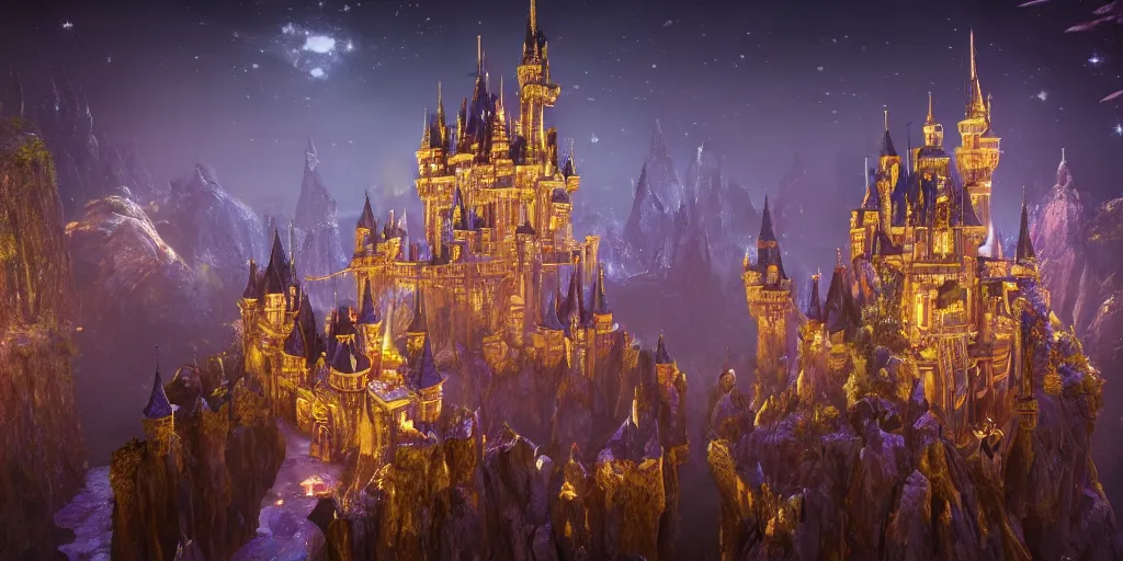 Image similar to a glittering fantasy castle at night, extremely detailed, Behrens style, unreal 5 render, fantasy digital art, octane render, beautiful composition, trending on artstation, award-winning photograph, masterpiece