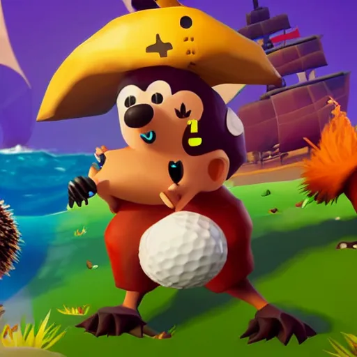 Image similar to hedgehog playing golf in sea of thieves, hedgehog wearing a pirate hat, cute, colourful, happy, adorable