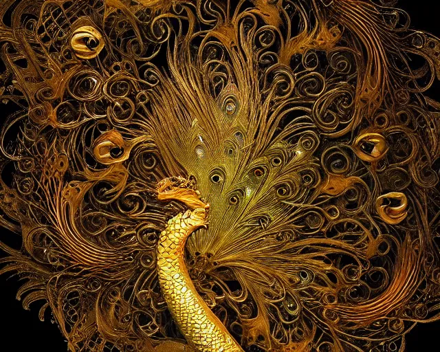 Prompt: dragon bronze ( ( ( ( peacock ) ) ) ). intricate, centered, amazing composition by amano yoshitaka, by rembrandt 1 6 6 7, illustrious makinami, digital art, digital painting, artstation trending, unreal engine, beautiful light and shadows, matte, fractal flame, transparent jellyfish, transparent feathers, bio luminescent, ice, water