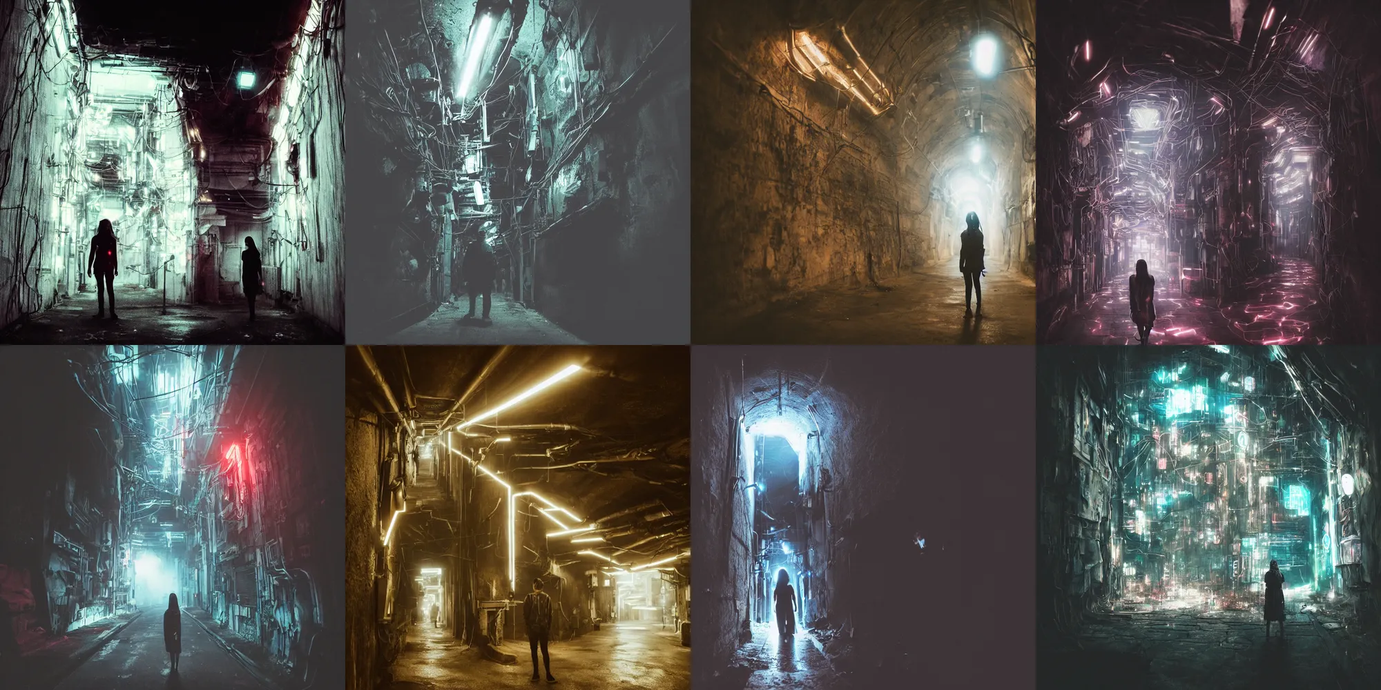 Prompt: a person in a dark tunnel with a light on, cyberpunk art by Elsa Bleda, trending on cg society, light and space, dystopian art, futuristic, circuitry