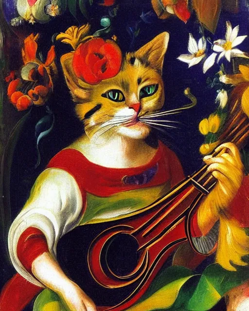 Prompt: baroque portrait of a anthropomorphic cat playing a lute, garden with flowers, digital art, award winning, by franz marc