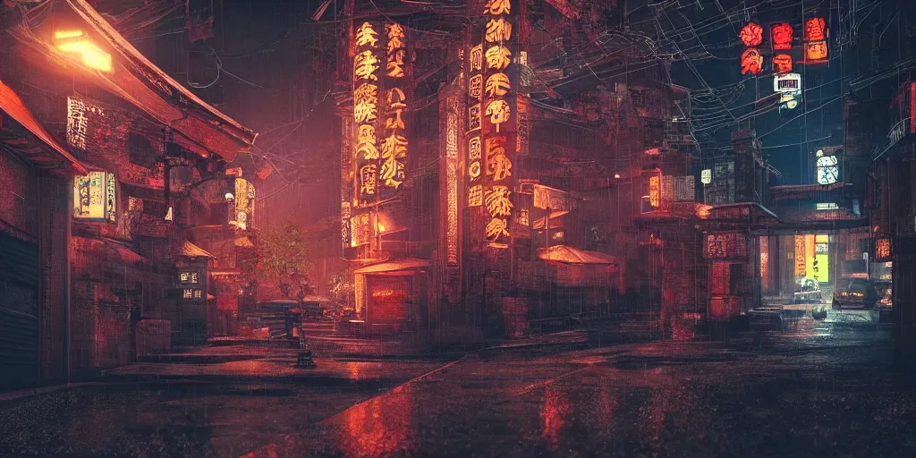 Prompt: “an ancient Japanese temple, shrouded in a cyberpunk city, during a rainy night, 4k, cinematic, neon lights, dark, hyperrealistic, trending of art station”