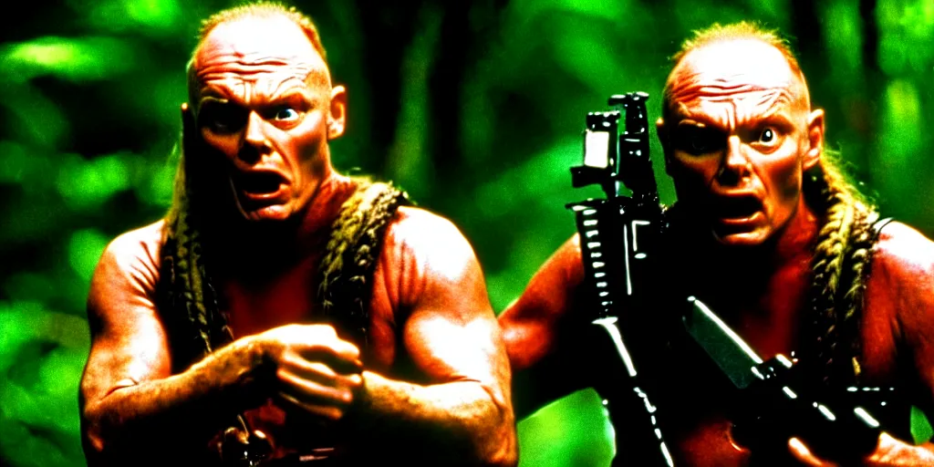 Image similar to a film still of Bill burr in Predator, high quality