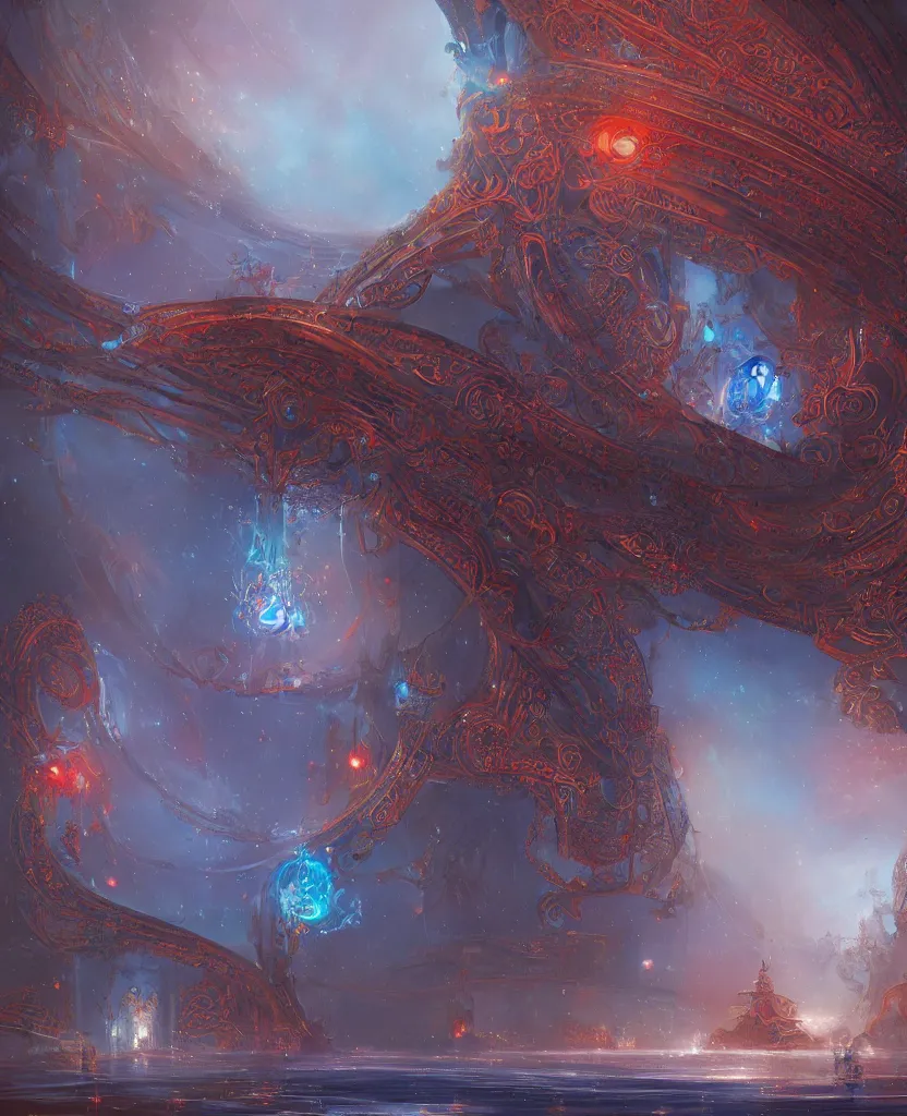 Image similar to structure of the oracle, blue colors with red accents, intricate and ornate, highly detailed fantasy digital painting by jessica rossier