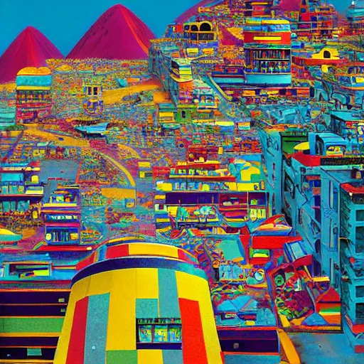 Prompt: freddy mamani, new andean architectire, hyper realism, city, colorfu, l postmodern, cyberpunk, el alto