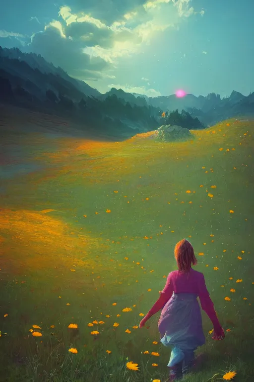 Image similar to giant daisy flower head, girl walking in the mountains, surreal photography, sunrise, dramatic light, impressionist painting, colorful clouds, digital painting, artstation, simon stalenhag