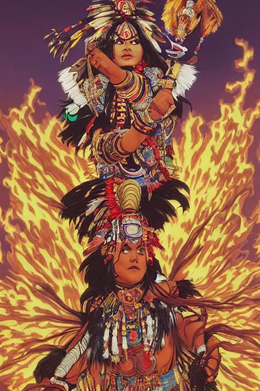 Image similar to serene scene of an apache kachina dancing around a fire while the apache tribe observes, by artgerm and yoshitaka amano and moebius and alphonse mucha, hyperdetailed, dc comics, ornate, nebula, explosions in the sky, trending on artstation