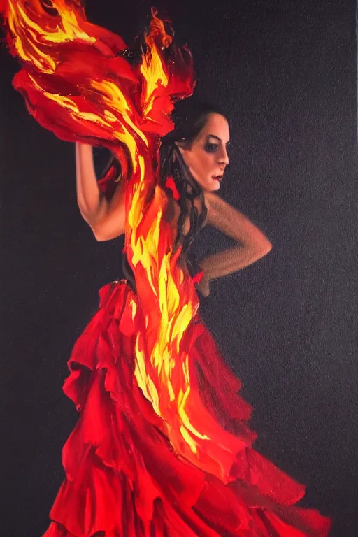 Image similar to detailed oil painting of spanish flamenco dancer wearing a red dress engulfed in flames, walking waist deep in clear water, midnight, moon, dimly lit, looking away, dark shadows, ethereal, foggy, moody, photo realistic, high definition, 4 k, slr