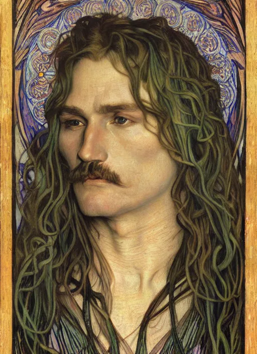 Image similar to detailed realistic beautiful young karl gustav jung face portrait by jean delville, alphonse mucha, vincent van gogh, and marco mazzoni, art nouveau, symbolist, visionary, gothic, pre - raphaelite